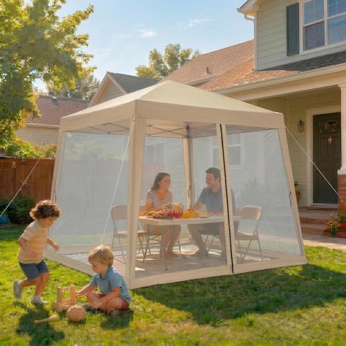 10x10 ft Pop-Up Canopy Tent with Mesh Mosquito Netting Sidewalls, Waterproof UV-Block Screen Shelter for Camping, Backyard, Patio, Garden & Outdoor Events - color: Beige, size: 10x10ft