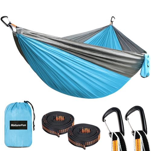 NATUREFUN Ultra-Light Travel Camping Hammock | 300kg Load Capacity,Breathable,Quick-Drying | 2 x Premium Carabiners,2 x Nylon Slings Included | Outdoor Indoor Garden - color: Azure/Grey, size: 300x200cm