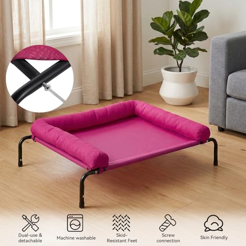 Cooling Elevated Dog Bed for Large Dogs, Outdoor Raised Dog Beds Portable Dogs Cot Bed W/Breathable Mesh, Pet Cots W/Removable Waterproof Bolster - color: Rose Pink, size: 43.0"L x 31.0"W x 8.0"Th