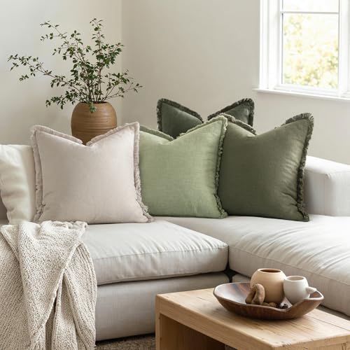 MIULEE Decorative Couch Pillow Covers Neutral Linen Fringe Throw Pillows Set of 4 Boho Farmhouse Accent Cushions for Bed Sofa Living Room Spring Home Decor 18x18 Inch Beige/Sage Green - color: Sage Green, size: 18" x 18" (Pack of 4)