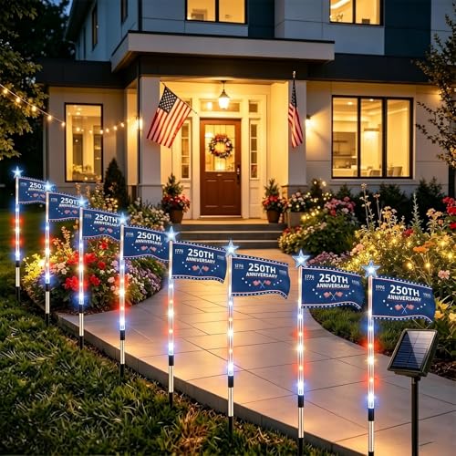 8 Piece Solar American Flag Pathway Lights, US Solar Flag Lights with 8 Lighting Modes, Patriotic Red White Blue Waterproof LED Outdoor Yard Garden Decorations for 4th of July (D) - color: D