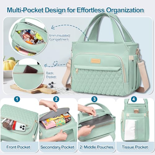 Lunch Bag Lunch Box Women - Insulated Lunch Tote Bag for Women Men, Leakproof Large Womens Lunch Bags for Work, Lunch Cooler Bag for Adult with Side Pocket for Picnic, Hiking, Beach (Green) - color: Green