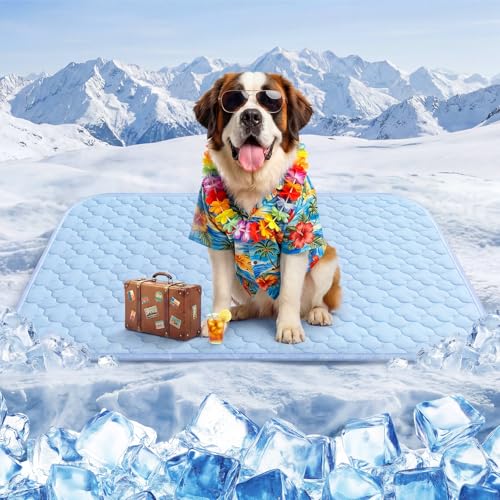 Cooling Mat for Dogs Extra Large 43" x 31", Cooling Pet Bed Outdoor & Indoor Use with Ice Silk Fabric & Waterproof Cover, Summer Cool Pad for Dogs, Non-Slip Washable Pet Blanket for Crate Kennel - color: Blue Cloud Stitching, size: X-Large