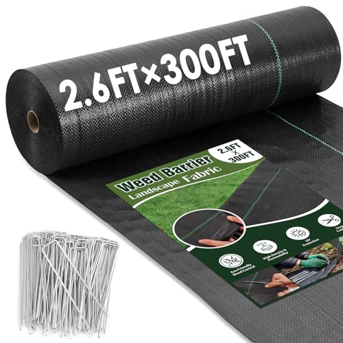 2.6FT x 300FT Weed Barrier Fabric, Garden Cloth Woven Landscape Fabric Heavy Duty with 120 U-Shaped Securing Pegs, Lawn Weed Block Mat Ground Cover for Garden Beds, Farming - size: 2.6FT x 300FT