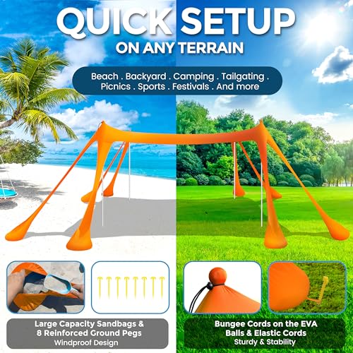 Beach Canopy Beach Tent Pop Up Shade 10x10ft Sun Shelter UPF50+ with 8 Sandbags-2 Sand Shovel-4 Aluminum Poles-Ground Pegs-Portable Carrying Bag for Outdoor Family Camping Fishing Yard Picnic - color: Orange