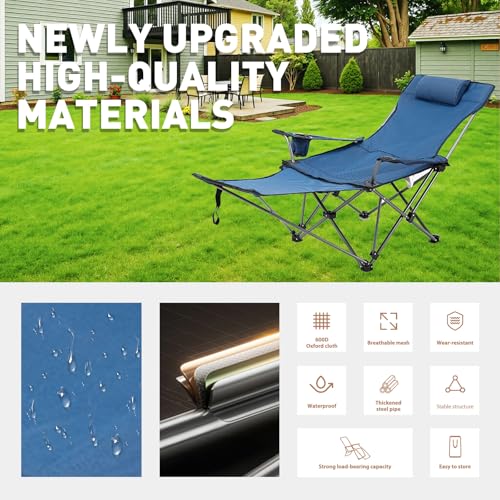 Reclining Folding Camping Chair with Removabel Footrest, Adjustable Folde Camping Chair with Foot Rest, Camp Lounge Outdoor Beach Chair, Oxford Fabric Reclining Design with Pillow Cup Holder, Blue - color: Blue