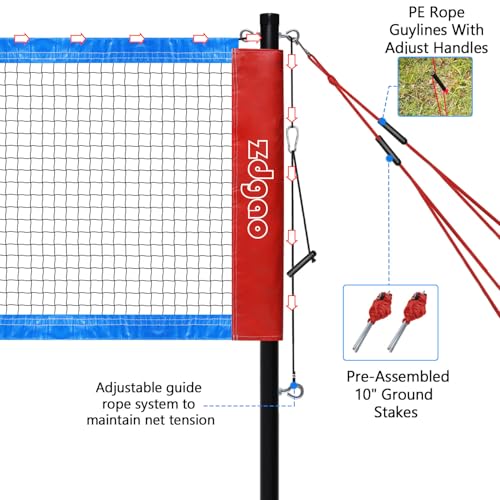 Zdgao Badminton Sets for Backyard, Portable Badminton Net with Tension Adjuster, Badminton Racket Set of 4, 3 Nylon Shuttlecocks, Boundary Line and Carry Bag for Backyard Beach Family Games - color: RED&BLUE