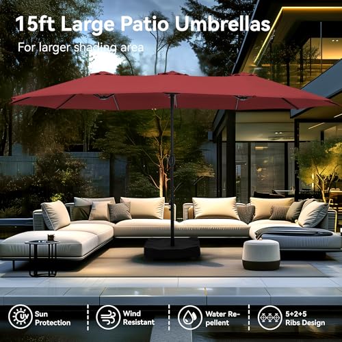 PHI VILLA 15ft Patio Umbrella Double-Sided Outdoor Market Extra Large Umbrella with Crank, Umbrella Base Included (Dark Red) - color: Dark Red
