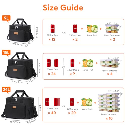 Lifewit Large Lunch Bag, Insulated Lunch Box, Soft Cooler Cooling Tote for Adult Men Women, Black 24-Can (15L) - color: Black, size: Large(15L)