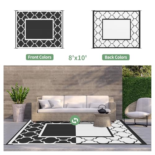GENIMO 8 ' x 10 ' Outdoor Rug for Patio Clearance, Waterproof Indoor Outdoor Plastic Straw Rugs Carpet, Reversible Outside Area Rv Mat for Camping, Balcony Porch, Deck, Picnic, Beach (Black & White) - color: Black&white, size: 8' x 10' (Rectangular)