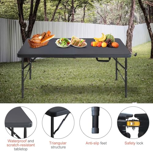 Portable 4Ft Folding Table, Heavy Duty Plastic Fold-in-Half Utility Foldable Table Small, Adjustable Height Plastic Folding Table with Carrying Handle for Camping & Party Indoor/Outdoor(Black) - color: Black, size: 4Ft