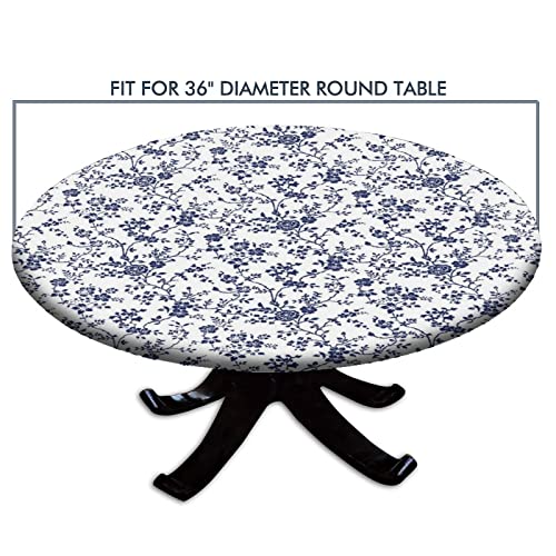 Pastoral Style Flower Round Fitted Tablecloth, Blue Floral Elastic Edge, 44" Diameter, Fits Tables 36" - 40" Diameter - color: Blue, size: 32" (Round)