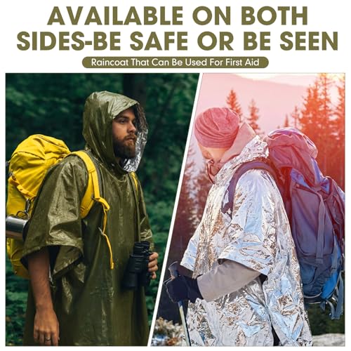 Tellegloww Emergency Ponchos with Polyester Film Blanket Liner Waterproof Windproof Thermal Survival Blanket Rain Ponchos - color: Green