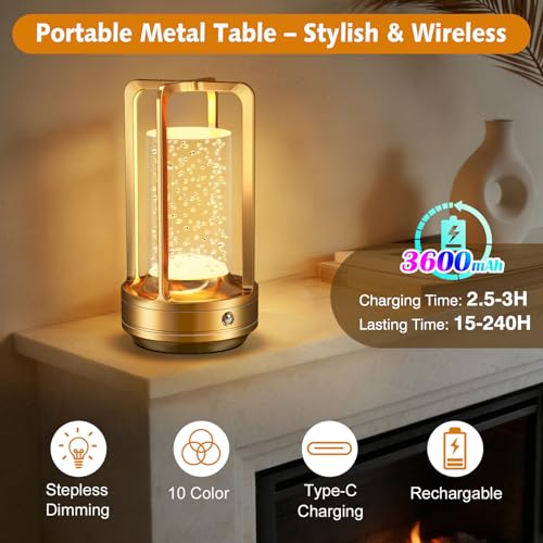 Portable Table Lamp for Outdoor Indoor: Cordless Rechargeable Desk Lamp with 10 Colors - Shower Lamp with Stepless Dimmable - Metal Battery Operated Lantern Light for Bedroom/Bar/Coffee Shop/Camping - color: Gold Bubble+RGB
