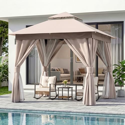 LAUSAINT HOME Gazebo 8x8ft, Heavy Duty Patio Gazebo with Expansion Bolts, Party Canopy Tent with Double Roofs, Mosquito Nettings and Privacy Screens for Backyard, Garden, Lawn, Khaki - color: Khaki, size: 8'x8'
