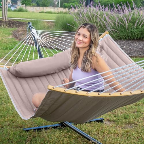 Double Hammock with 12 FT Stand, 2 Person Curved Bar Hammock with Stand, Pillow and Portable Carrying Bag, Heavy Duty 450lbs Capacity, Tan - color: Tan
