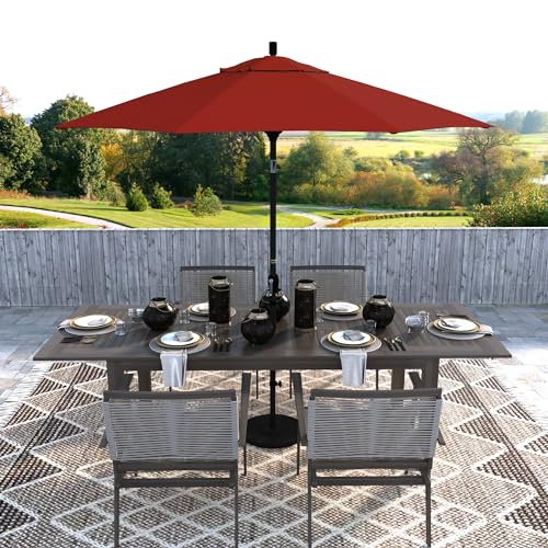 California Umbrella 9' Round Aluminum Market Umbrella, Crank Lift, Push Button Tilt, Black Pole, Red Olefin - color: Red