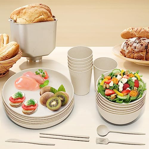 Wheat Straw Dinnerware Sets -DAPIPIK 42 Piece Unbreakable Dinnerware Sets for 6, Kitchen Plates and Bowls Set, Lightweight Camping Plates Cups and Bowls Set.Dishwasher Microwave Safe Dinnerware - color: Beige