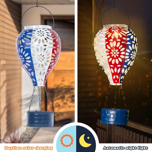 Solar Hot Air Balloon Lantern,Hanging Lantern Outdoor Waterproof Decorative Metal LED Solar Lights for Trees Patio Garden Yard Porch Decor, Flag - style: Flag