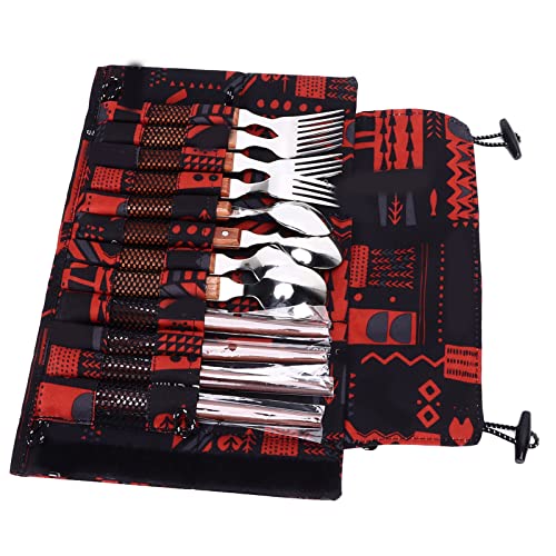 12 Pcs Camping Cutlery Set | 304 Stainless Steel & Wooden Handle Tableware | 4 Person Utensils Spoons Chopsticks Set for Picnic/Barbecue/Outdoor Dining | Includes Carry Bag