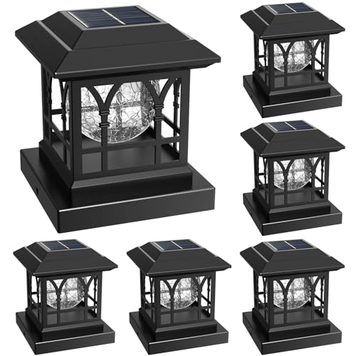 Fence Post Solar Lights, Crackle Glass Solar Post Cap Lights, 20 Lumens, Warm White & RGB Automatic Cycling 2 Modes for 3.6x3.6 4x4 4.5x4.5 5x5 Vinyl Wooden Posts Decoration, Black (6 Pack) - color: Black, size: 6 Pack