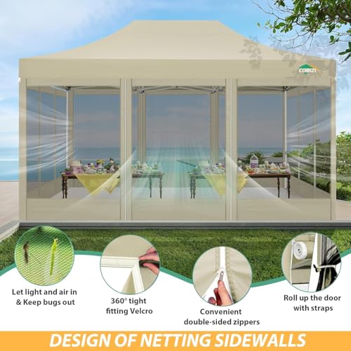COBIZI 10x15 Heavy Duty Pop up Canopy with 4 Sidewalls, Canopy Tent with Mosquito Netting, Easy up Screen Party Tents for Parties Wedding Patio Backyard Commercial Gazebo with Handbag, Khaki - color: Khaki, size: 10x15ft(standard)