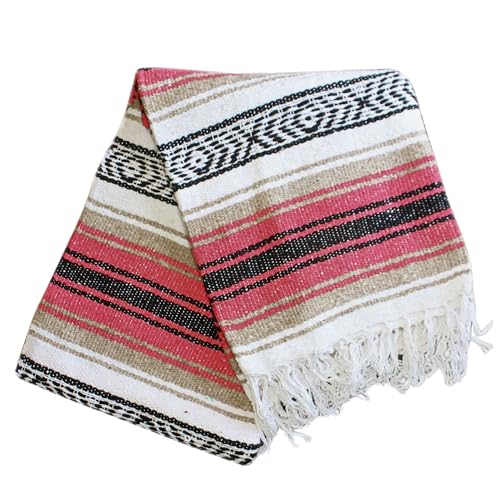 Del Mex Classic Mexican Blanket, Large Authentic Woven Falsa Throw (70"x50"), Artisan Southwest Décor for Beach, Yoga, Outdoors (Pink/Tan) - color: Pink/Tan