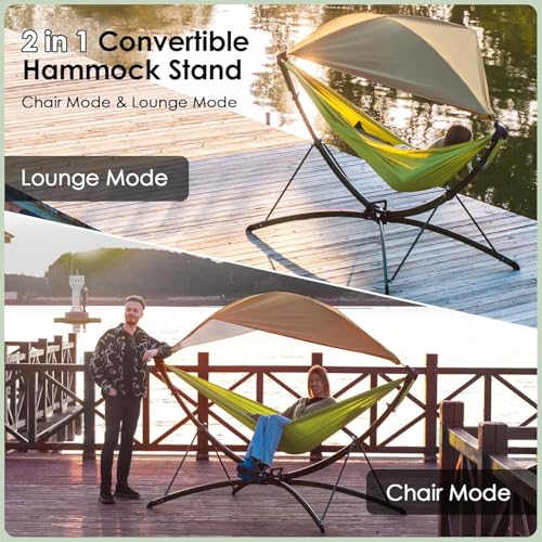 Portable Outdoor Hammock with Quick-Fold Stand,Adjustable Sunshade,Waterproof & UV-Resistant,Heavy-Duty 550lb Capacity,Travel 2-Person Hammock with Storage Bag for Camping,Backyard,Beach,Patio,Indoor - color: Green