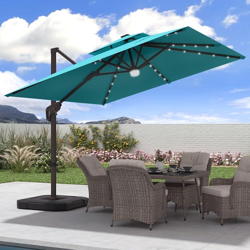 JZAC & QZYD 9x9 FT Outdoor Cantilever Patio Umbrella with Base Included and Solar LED Lights, Large Heavy Duty 2-Tier Square Aluminum Offset Umbrellas with 360-Degree Rotation for Pool Deck, Turquoise - color: Turquoise, size: 9'×9' - Weighted Base Includ