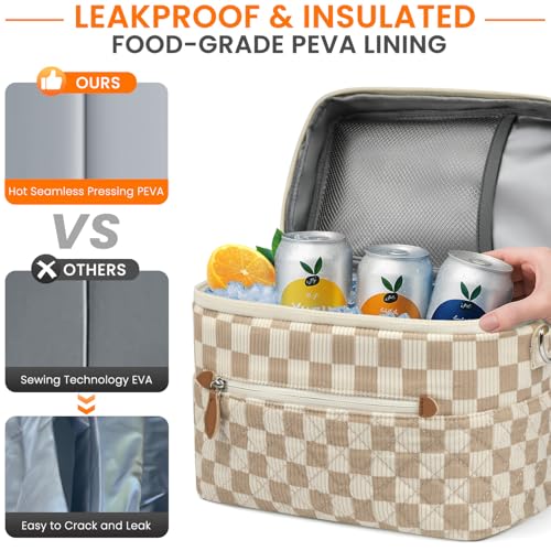 Tenot Insulated Lunch Box for Women Reusable, Leak Proof Cooler Lunch Bag Women for Work Stylish Quilted Lunch Tote Bag for Adult Picnic Travel Hiking Corduroy Checkered Brown - color: Corduroy Checkered Brown