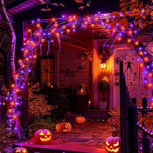 YEGUO Orange and Purple Halloween Lights Outdoor Waterproof, 4 Packs Each 33ft 100 LED Solar Fairy Light,8 Modes Black Wire String Lights - color: Orange and Purple