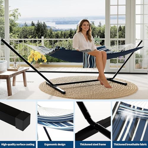 KYBOLT 2 Person Double Hammock with Stand & Pillow, 450 LBS Heavy Duty Outdoor Hammock with Balance Rope for Patio Backyard Poolside
