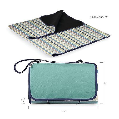 PICNIC TIME Outdoor Picnic Blanket Tote, 59"x51" Foldable Beach & Camping Blanket with Soft Fleece, Water-Resistant Bottom, Adjustable Strap & Zippered Pocket (St. Tropez - Sky Blue, Multi Stripe) - color: St. Tropez