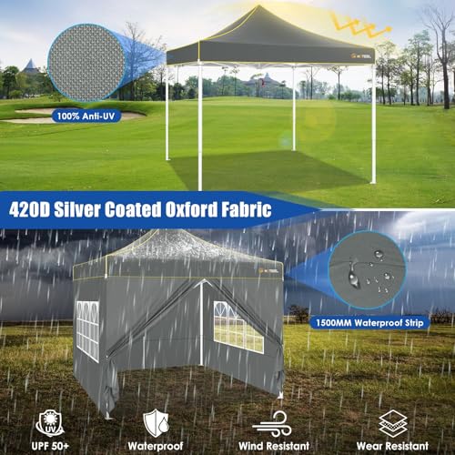 HOTEEL Pop Up Canopy Tent 10x10 with Sidewalls, Commercial Instant Waterproof Canopy for Vender Patio, UV 50+ with Silver Coated, Upgraded Thickened Hexagonal Legs, Gray - color: Gray, size: 10x10FT (+4 Walls)