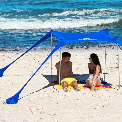SUN NINJA Beach Tent Sun Shelter UPF50+ - Easy Pop Up Beach Canopy - Outdoor Shade for Camping Trips, Fishing, Backyard Fun Picnics - Sand Shovel, Ground Pegs & Stability Poles - color: Royal Blue, size: 5x5 FT 4 Pole