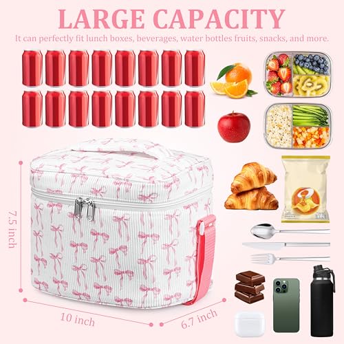 TESAFNG Insulated Lunch Bag for Women, Cute Corduroy Reusable Lunch Box for Adult, Leakproof Cooler Bag for Work Office Travel Picnic, Lunch Tote Bag with Adjustable Shoulder Strap (Pink Bow) - color: Pink Bow