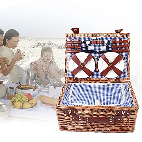 18x13x8in Picnic Basket Set,Hand-Woven Wicker Basket with Heat Cold Insulation,Complete Picnic Set with 2 Wine Glasses for Excursions, Camping, Hiking,Picnics, Outdoor Parties