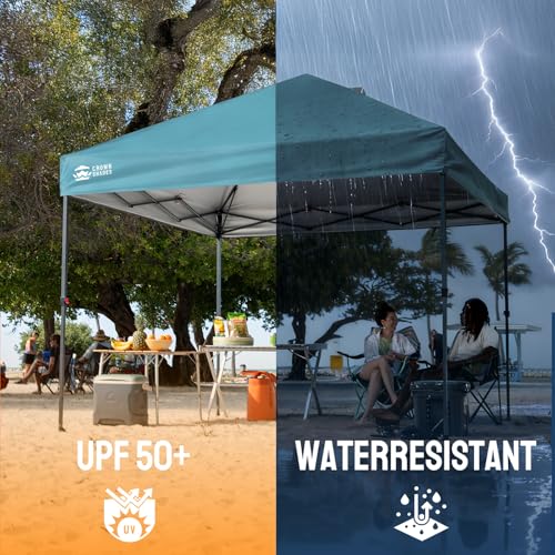 CROWN SHADES 10x10 Pop Up Canopy Tent - Patented Center Lock One Push Instant Outdoor Canopy Beach Tent with STO-N-Go Bag 8 Stakes & 4 Sand Bags，Cyan Blue - style: Cyan Blue