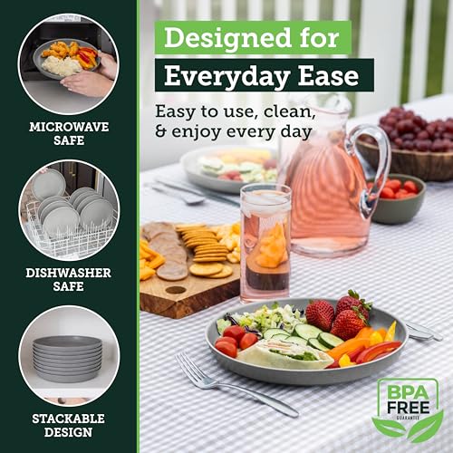 Grow Forward Premium Wheat Straw Plates - 10 Inch Reusable Hard Plastic Dinner Plates Set of 8 - Unbreakable Microwave Safe Plates for Dessert, Camping, RV, Outdoors, Patio, Kitchen Dishes - Feather - color: Feather Grey, size: 10 inch