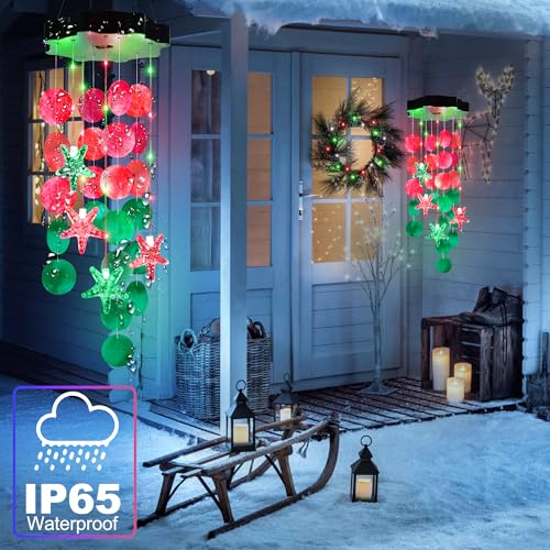 Solar Shell Gift for Mom Grandma Girls, Christmas Red & Green Solar Wind Chimes for Outside,Christmas Decorative Mobile Lights for Garden, Yard, Patio, Window, Party, Outdoor Decorations - color: Red & Green