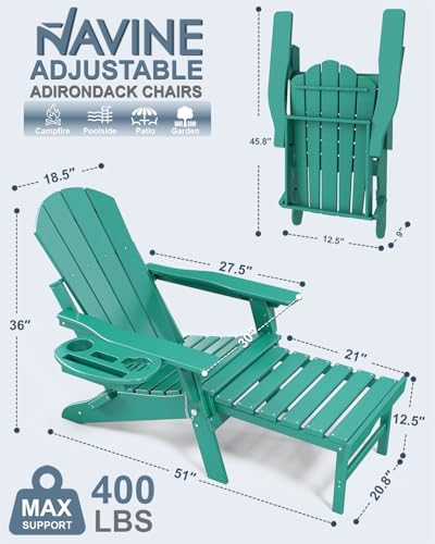 NAVINE Adjustable Adirondack Chair with Retractable Ottoman Set of 2, HDPE Folding Adirondack Chair with Cup Holder, All Weather Fire Pit Chair for Outdoor. - color: Lake Blue, size: 2 pcs