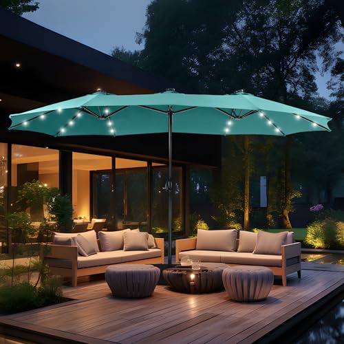 MFSTUDIO 15ft Double Sided Patio Umbrella with Solar Lights, Outdoor Large Umbrellas with Crank Handle and 36 LED Lights, Rectangular Market Umbrella with Base Included for Deck Pool Shade, Turquoise - color: Turquoise