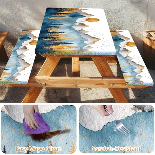 Picnic Table Cover with Bench Covers Elastic Edges, Outdoor Patio Camping Essentials 72 Inch 3PCS, Waterproof Camping Fitted Tablecloth with Handbags (Boho mountain) - color: Mountain View