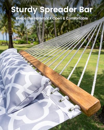 ANAGOO Double Quilted Outdoor Hammock for 2 Adults, 500lb Capacity Backyard & Camping Hammock with Pillow and Bamboo Spreader Bar, Fits 11–15ft Hammock Stands (Stand Not Included),White Gray - color: White Gray(without Stand)