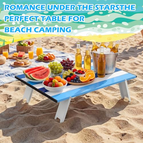 CroBlissful Beach Table Folding Camping Portable Table Striped White Aluminum Side with Carry Bag for Camping Picnics and Outdoor Activities(22x16x5 in,Navy Blue) - color: Navy Blue, size: 22x16x5 in