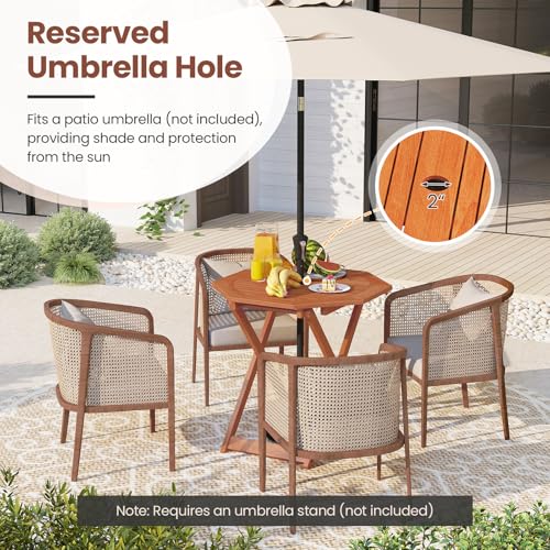Tangkula 32-Inch Octagon Folding Outdoor Dining Table, Wood Patio Bistro Table with 2" Umbrella Hole and Slatted Tabletop, Outside Table for Garden, Yard, Porch, Teak Oil Finish, No Assembly Required - size: 32"