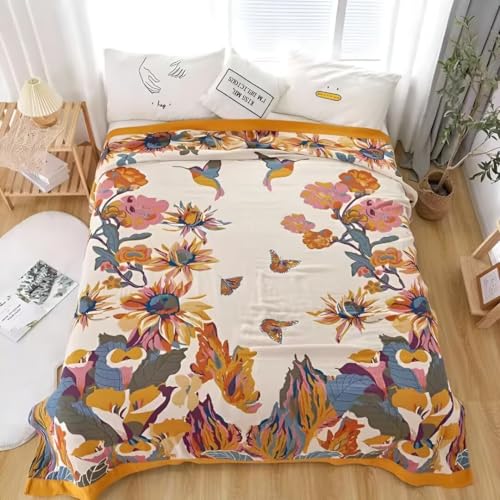 Boho Throw Blanket for Bed 100% Cotton Bohemian Blankets Ultra Soft Woven Muslin Decorative Blankets All Seasons Vintage Quilt Knitted Blanket for Sofa Chair(Yellow, 50"x60") - color: B-yellow, size: 50"x60"