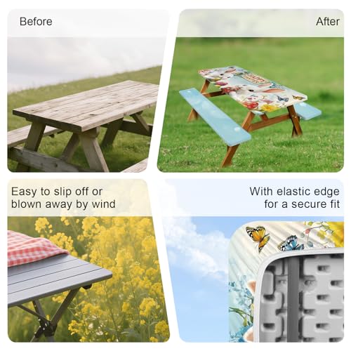 ANNA QUEEN Easter Garden 6FT Picnic Table Cover with Bench Covers Set of 3 with Drawstring Bag, Bunny Eggs Flowers 72"x30" Waterproof Picnic Tablecloth & Bench Covers for Outdoor Dining - color: #62