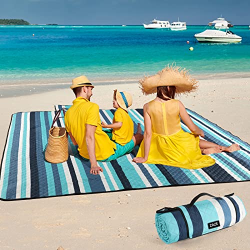 ZAZE Picnic Blankets Beach Blanket, 80''x80'' Extra Large Thick 3-Layers, Sandproof Machine Washable Waterproof Foldable Oversized XL Outdoor Mat, for Camping, Park, Travel, Grass(Blue White Stripe) - color: Blue and White Stripe