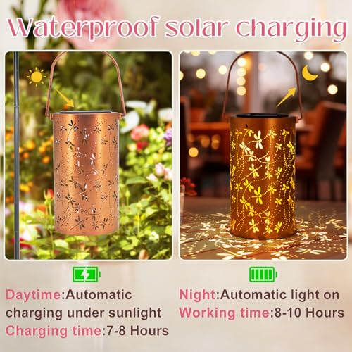 DIBIEECN Mothers Day Gifts for Mom, Birthday Gifts Grandma Ladies Solar Lanterns Outdoor Hanging Hollowed-Out Metal Waterproof LED Garden Decor Outside for Patio Yard Porch, Dragonfly, 1 Pack - style: Dragonfly